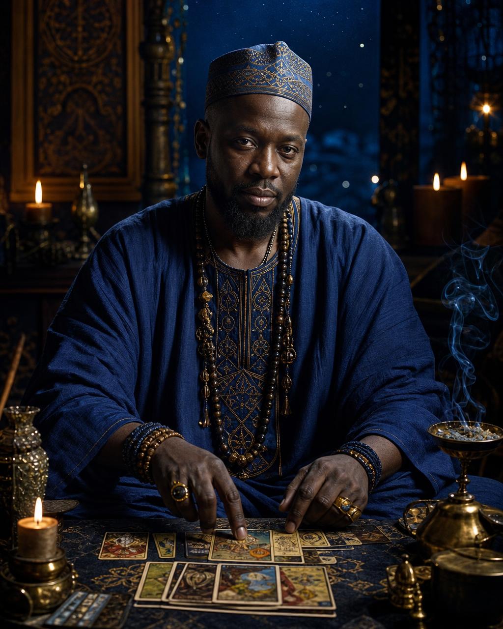 Barkiba, spiritual medium and marabout, in candlelight with tarot cards